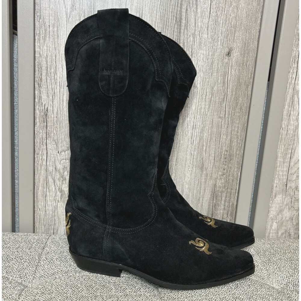 El Vaquero Suede Boots Size 39.5 Black with Gold Embroidery Made Italy NEW